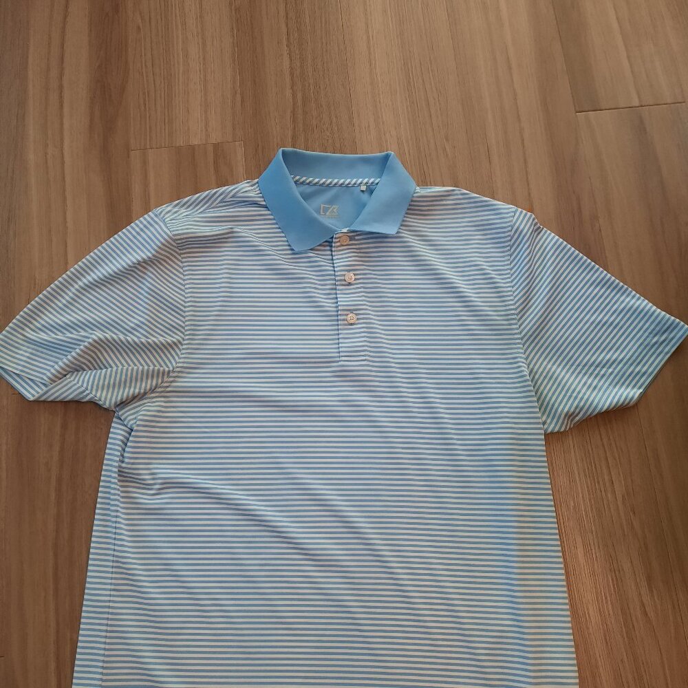 Cutter & Buck Blue/White Striped DryTec Golf Shirt. Size Large-Free Shipping!